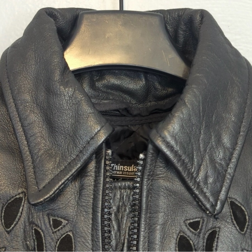 Vintage Leather Jacket  Black Fringe And Roses - Picture 5 of 6